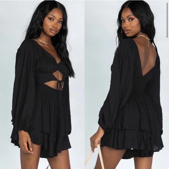 Princess Polly Needed Me Black Swiss Dot Cut Out Waist Balloon Sleeve Romper - Picture 3 of 12